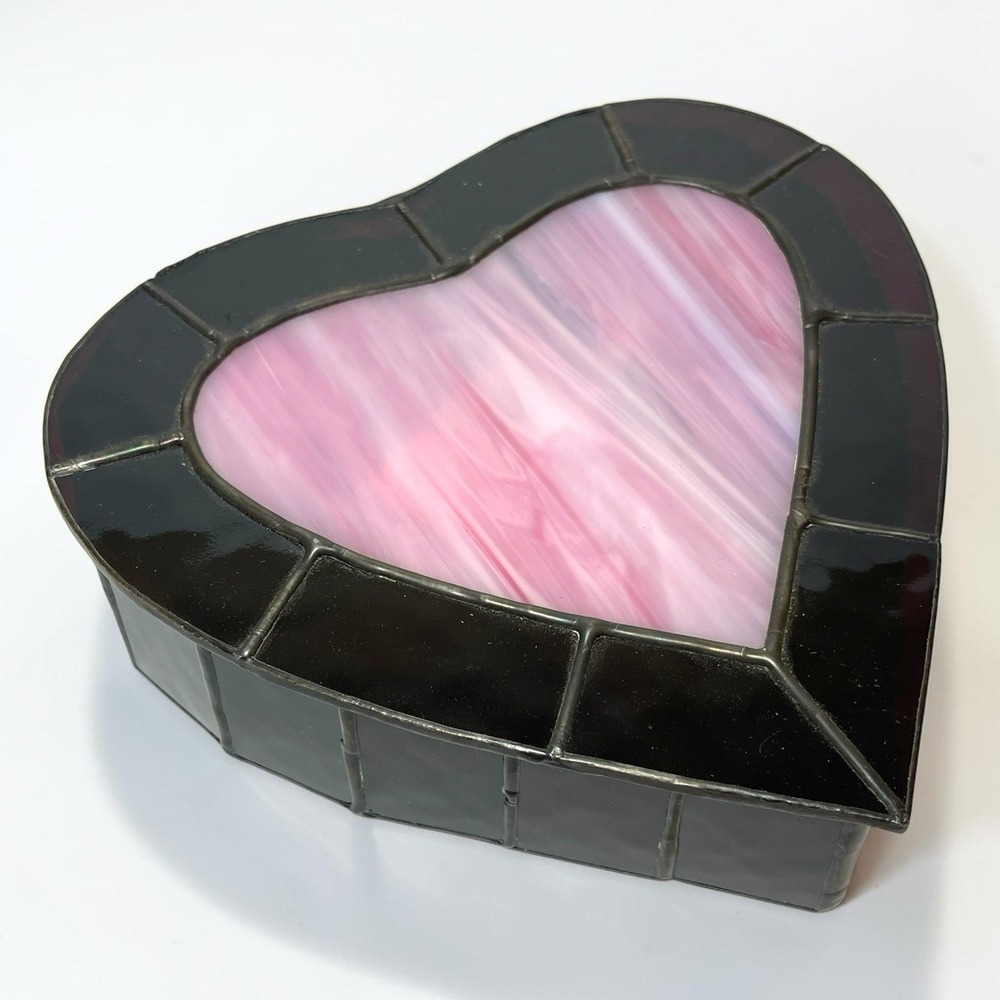 Heart Shape Pink Red Stained Glass Mirrored Heart Shaped Trinket Jewelery Box